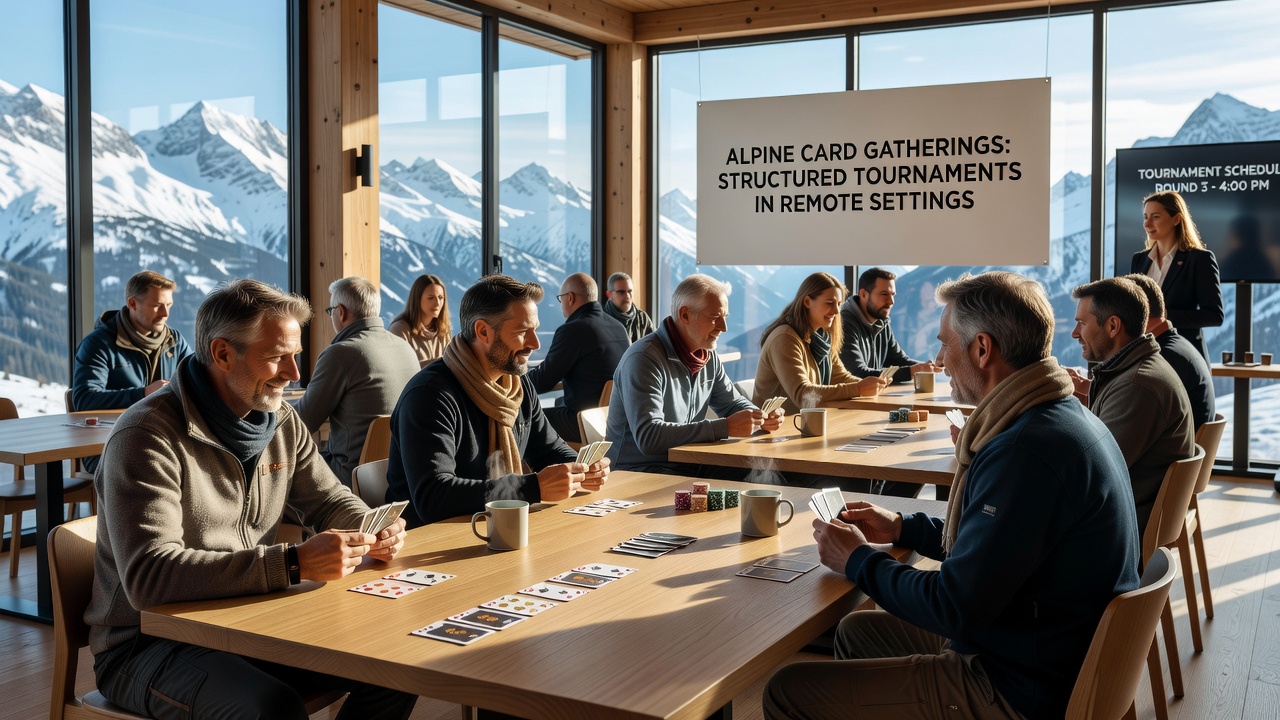 Interior view of a card tournament setup inside an Austrian mountain lodge with players at tables