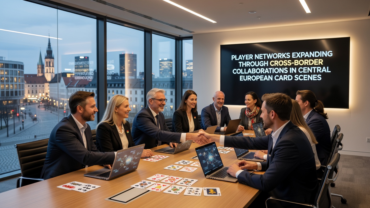Networked players reviewing tournament structures during a collaborative Central European card gathering